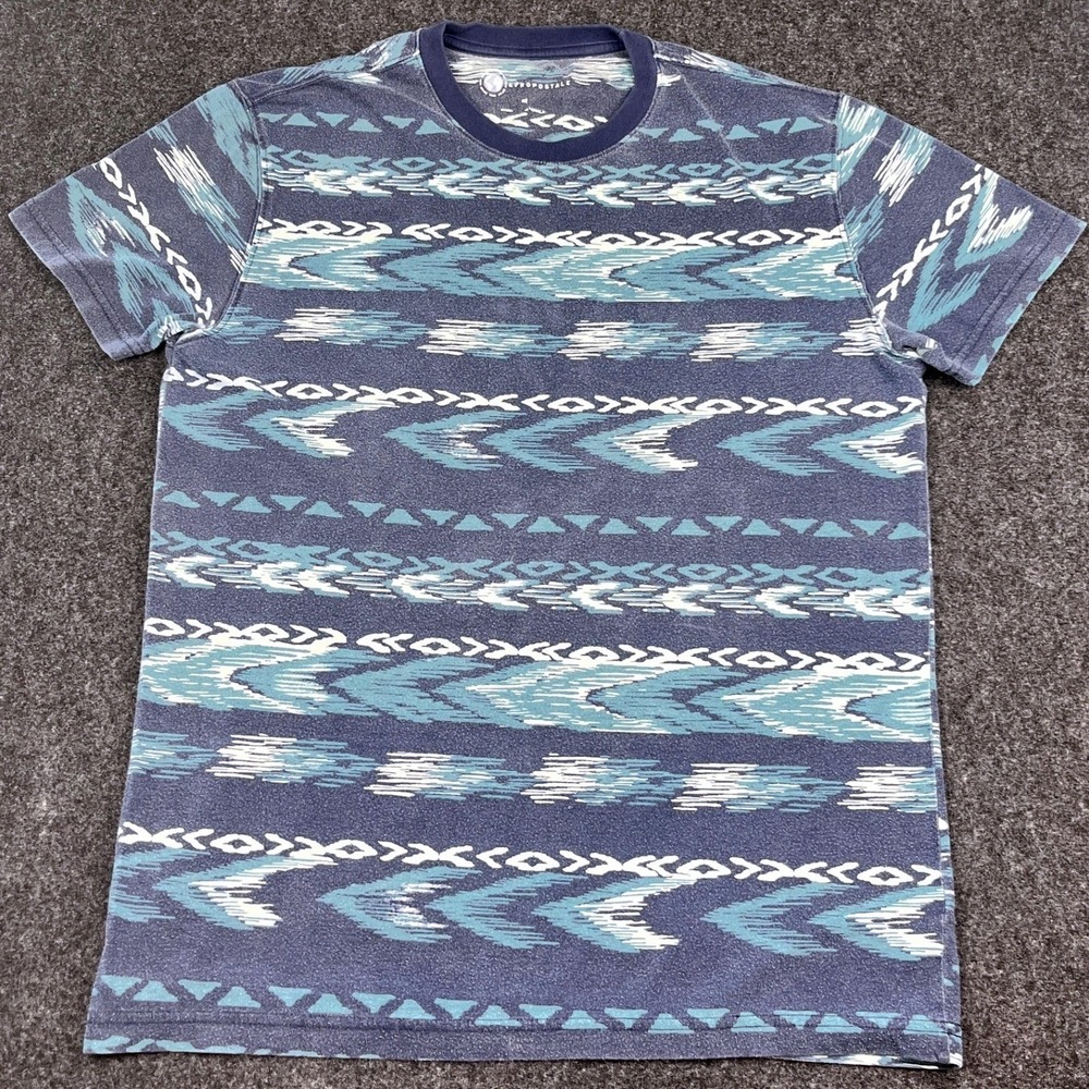 Aeropostale Mens Blue Tribal Print T-Shirt Y2K Southwestern Short Sleeve Tee M